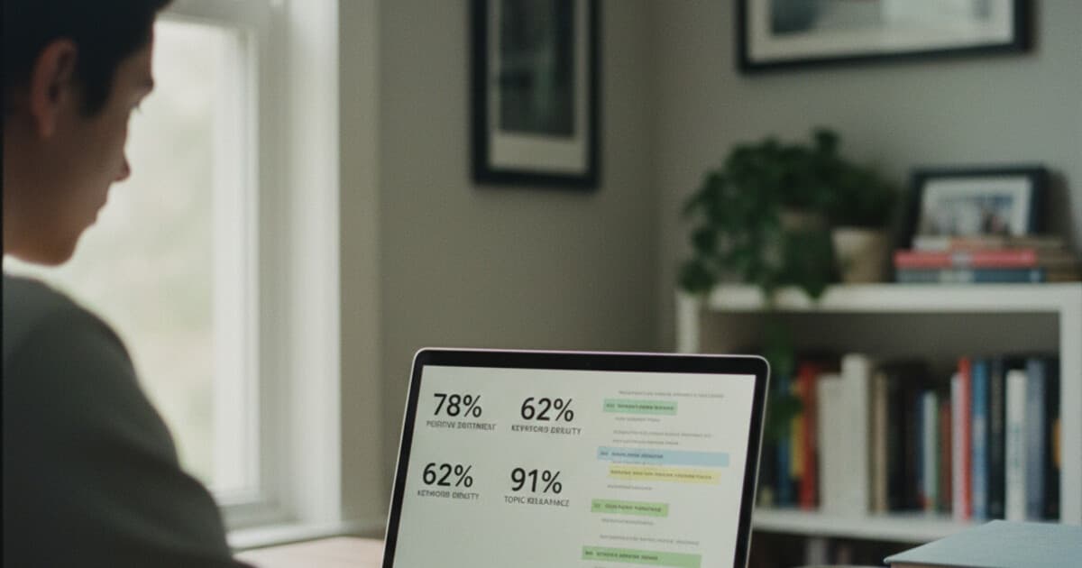 Student at a desk looking at a laptop screen showing text analysis scores and highlighted passages