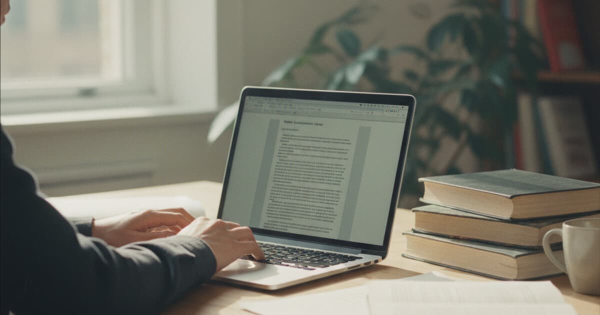 Student at a desk reviewing an academic paper on a laptop with AI text humanizer tool open