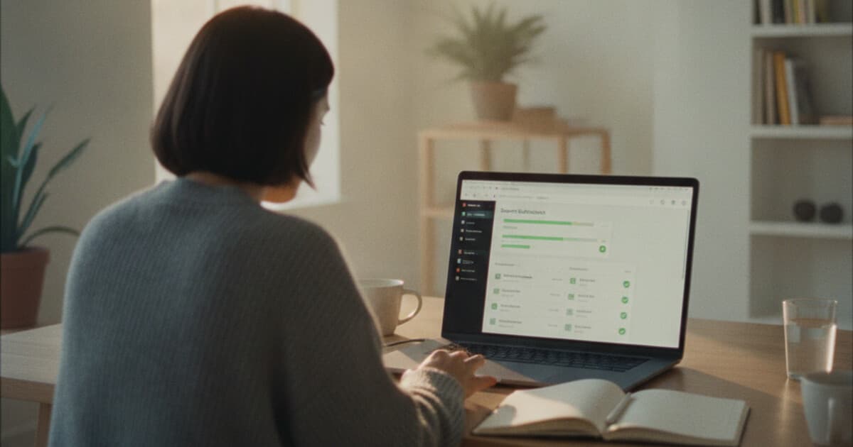 Course creator reviewing student assignment submissions on a laptop with online learning platform interface visible