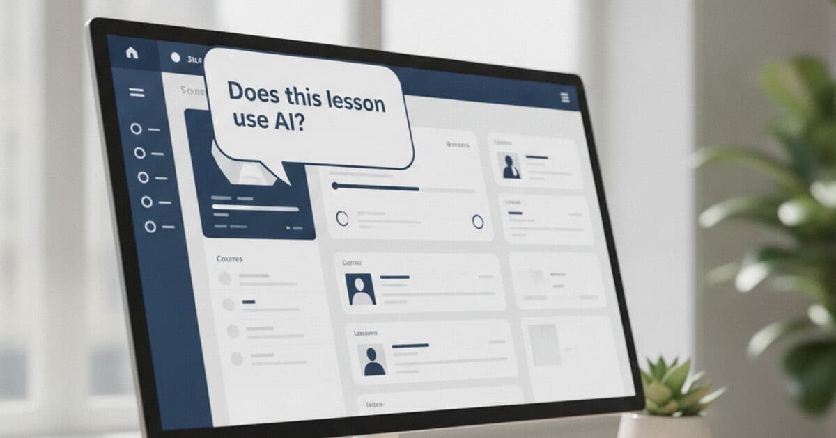 LearnWorlds course platform dashboard with an AI writing detection question