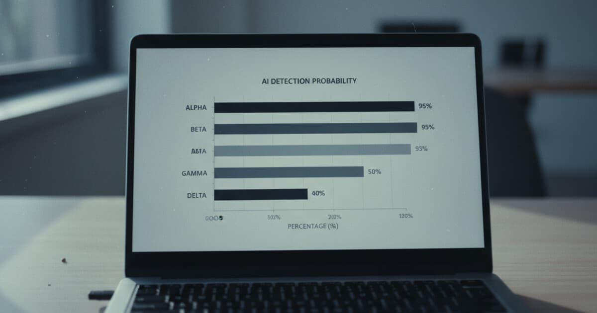 Laptop screen showing a bar chart of AI detection probability scores across multiple tools