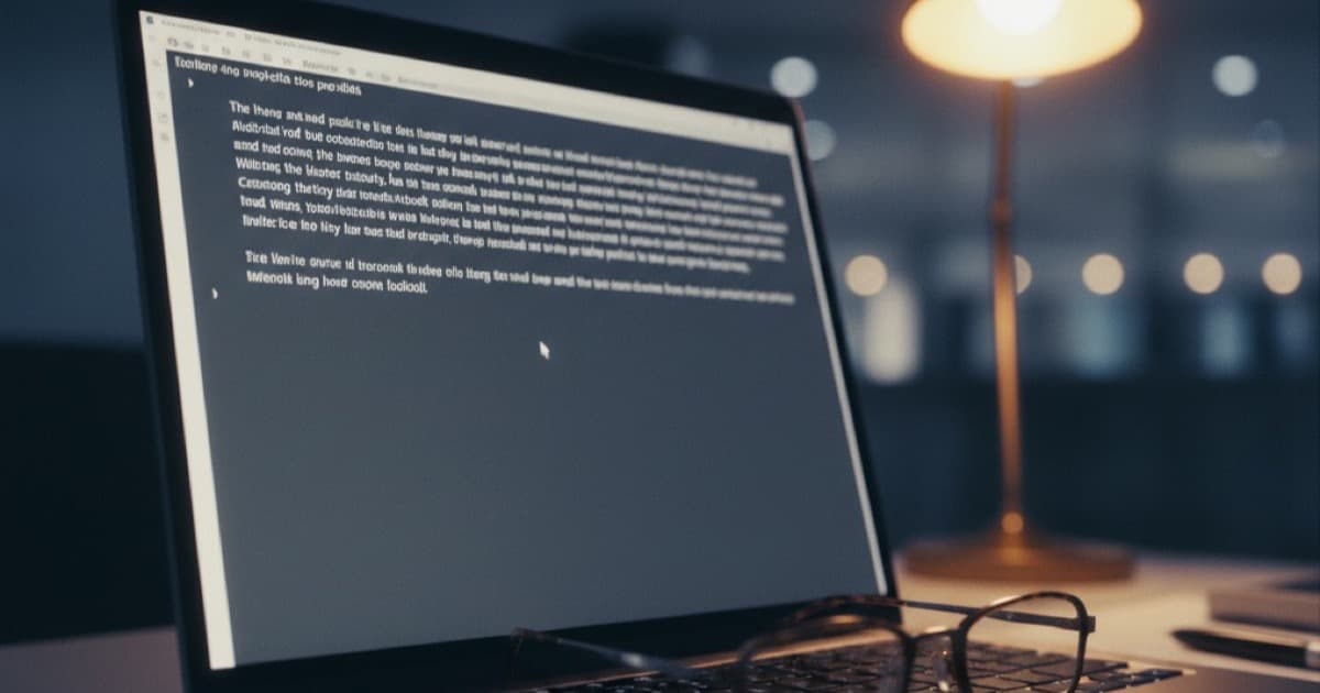 Laptop screen showing text document with reading glasses on keyboard in moody office lighting