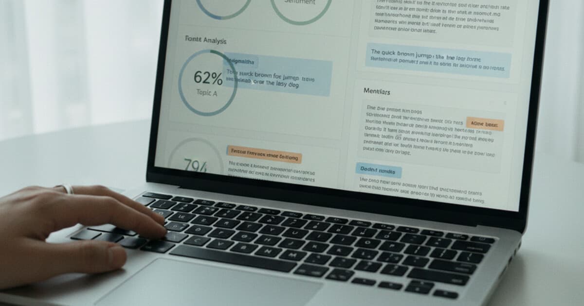 Overhead view of a laptop showing a text analysis interface with percentage scores on a clean white desk